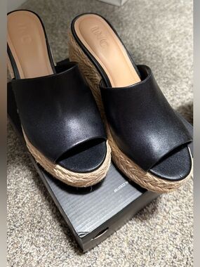 INC International Concepts Black Open-Toe Espadrille Platform Mules